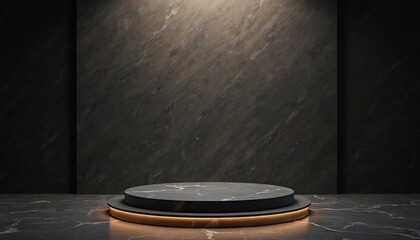Aufkleber - Blank black podium with golden backlight for luxury product display. Studio backdrop background features marble wall and floor. Round dais showcase, empty copy space for presentation.