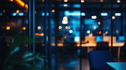 Poster - blurred view of a modern office at night, showing desks, chairs, and ambient lighting.
