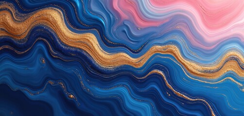 Poster - Abstract background with deep blue, gold pink colors with liquid fluid texture. Luxury modern design with wavy lines, ink drops, paint streaks, shades, overflows. Suitable for elegant background,