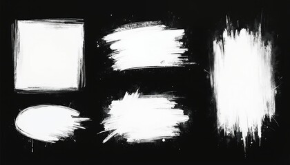 Poster - Set includes spray paint frames. White brush stencil graffiti borders square, oval and rectangle shapes. Grunge airbrush texture, inky contour forms with splashes, smudges isolated on black.