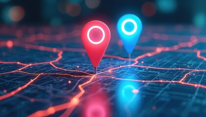 Aufkleber - Digital illustration displays map with red and blue pins. Representing AI tech in GPS navigation, innovation in delivery services, map location for future transport logistics, global positioning.