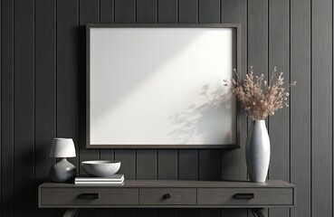 Aufkleber - Dark gallery room interior with mockup frame, lamp and vase. Square poster on black wooden wall above dresser, bowl and books. Stylish modern minimalist loft design room, 3d render.