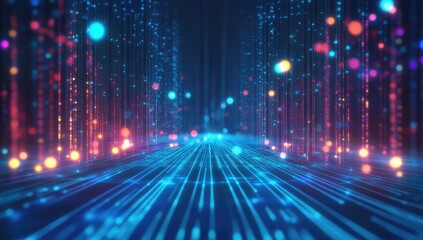 Fototapete - Abstract digital highway; glowing data streams, vibrant particles; futuristic background; tech presentation