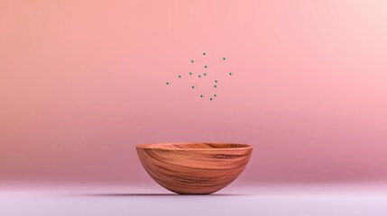 Poster - Green Particles Above Wooden Bowl on Pink Gradient