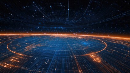 Fototapete - Global network data streams over planet, futuristic background, tech illustration