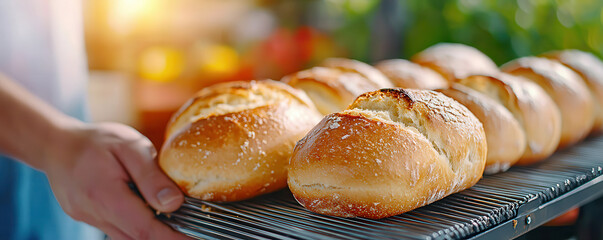 Poster - Freshly baked artisanal bread loaves cooling on rack, showcasing golden crust and perfect texture. warm sunlight enhances inviting appearance of bread