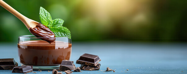 Poster - wooden spoon with rich chocolate spread is placed over glass bowl, surrounded by chocolate pieces and fresh mint leaves, set against blurred green background