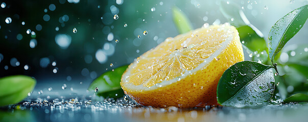 Poster - vibrant lemon slice with water droplets and green leaves creates refreshing and surreal scene. jagged texture of lemon contrasts with smooth leaves, enhancing artistic composition