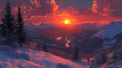 Aufkleber - Breathtaking sunset over snow-capped mountains, valley, and river.