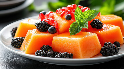 Poster - vibrant plate of tropical fruit jelly garnished with fresh blackberries, blueberries, pomegranate seeds, and mint leaves, creating colorful and appetizing presentation