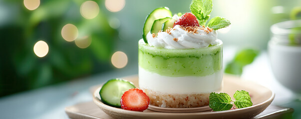 Poster - beautifully crafted dessert with layers of green and white, topped with whipped cream, strawberry, and mint leaves, sits wooden plate, surrounded by cucumber slices and blurred green background