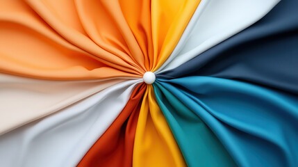 Fototapete - vibrant, symmetrical display of colorful fabric folds radiating from central point, showcasing detailed macro shot with variety of hues including orange, blue, and white