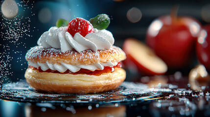 Aufkleber - delicious pastry topped with whipped cream, cherry, and mint leaves is dusted with powdered sugar, creating tempting dessert scene. background features blurred apples, enhancing focus on pastry