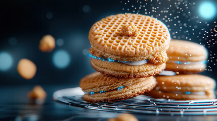 Poster - Cybernetic biscuits with intricate digital engravings are stacked on wire rack, surrounded by floating crumbs and futuristic glow