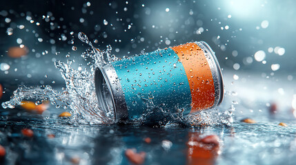 Poster - vibrant energy drink can splashes through water, creating dynamic motion and excitement. can features striking blue and orange design, emphasizing its energetic appeal