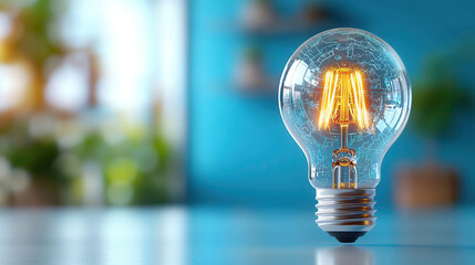Leinwandbilder - glowing filament bulb with intricate gears inside, set against blurred background, symbolizes innovation and technology. warm light contrasts with cool blue surroundings, creating futuristic