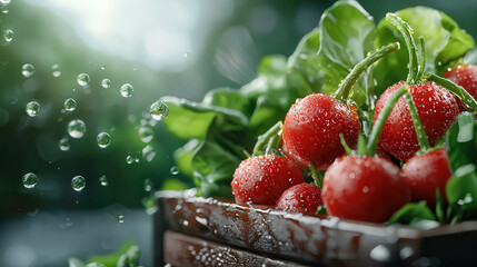 Poster - Fresh radishes with water droplets in wooden basket surrounded by green leaves, creating vibrant and refreshing scene