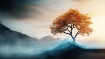 Poster - solitary tree with holographic watercolor canopy stands amidst misty landscape, evoking sense of tranquility and wonder. ethereal glow and serene setting create dreamlike atmosphere