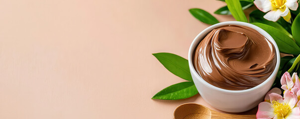 Poster - bowl of creamy chocolate hazelnut spread is surrounded by green leaves and delicate flowers, creating fresh and inviting scene