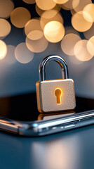 Aufkleber - glowing lock symbol sits mobile device, representing digital security and encryption. background features blurred lights, adding sense of focus and importance to concept of protecting personal