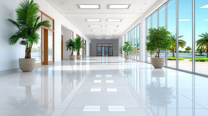 Aufkleber - Expansive modern interior with long white hallway, featuring large windows and potted plants, creating bright and airy atmosphere. polished floor reflects natural light
