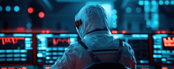 Poster - Astronaut analyzing data in high-tech control room futuristic environment sci-fi atmosphere