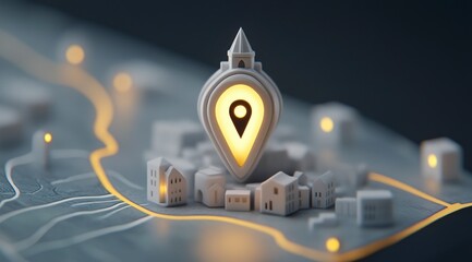 Fototapete - Glowing Location Pin on 3D City Map  Navigation  GPS  Technology
