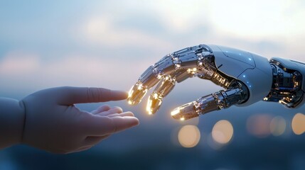 Poster - A robotic hand reaches out to touch a human hand, symbolizing the connection between humanity and technology.