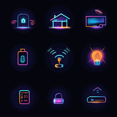 Poster - Smart Home Automation Neon Icons: Security, Connectivity, and Efficiency
