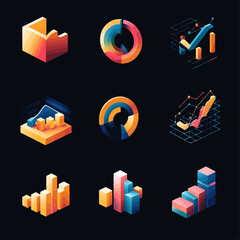 Poster - Isometric business data graphs and charts on dark background with color