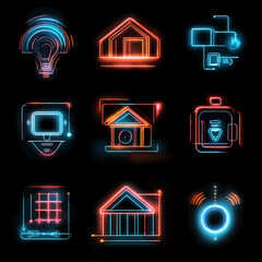 Poster - Neon Style Smart Technology Icons on Black Background for Modern Innovation