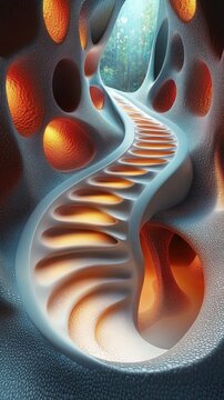 Abstract digital rendering of spiral staircase in glowing organic structure