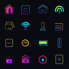 Poster - Neon icons set: smart home, settings, connections and ui elements.