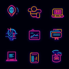 Poster - Neon Business Icons Set: Global, Laptop, Analytics, and Connectivity