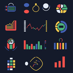 Poster - Colorful data visualization icons on dark background, business dashboards
