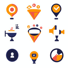 Poster - Colorful vector icons represent marketing funnel, location, analytics data