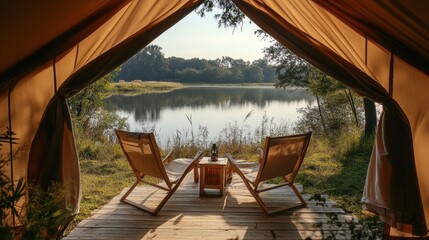 Poster - Calm lake view from inside a luxury tent with two chairs and a small table on a wooden deck.