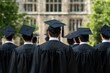 © Sean Hoong - A back-view shot of a group of male graduates in caps and gowns, facing a large university building.