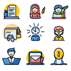 Poster - Diverse people and office icons represent productivity and time management