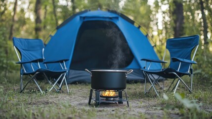 Poster - Campsite cooking scene with a blue tent, camping chairs, and a pot simmering on a portable stove.