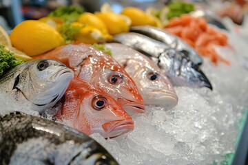 Poster - Fresh seafood display with vibrant fish varieties and citrus garnishes at a market in the early morning. Generative AI