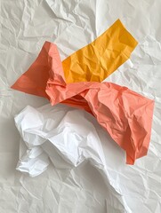 Poster - Abstract Crumpled Paper Texture in Orange, White and Yellow - Abstract of crumpled paper in coral, white and gold hues. Symbolizing creativity, texture, design, artistry, and dynamism