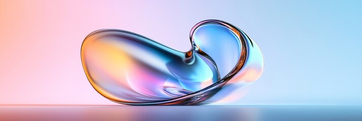 Poster - Abstract Liquid Form Design - Iridescent glass-like abstract shape on a soft pink and blue gradient background. Modern and elegant design