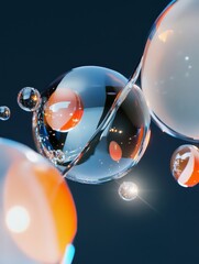Poster - Abstract Liquid Spheres - Close-up of translucent spheres, interconnecting, reflecting light and creating an abstract, dynamic composition