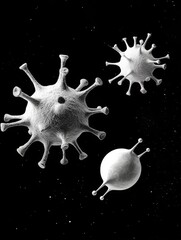 Poster - Black and White Virus Illustration: Microscopic View - Microscopic view of viruses, showcasing their structure and potential for infection. Symbolizes illness, contagion, research, microscopic world