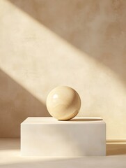 Poster - Beige Sphere on White Cube - A smooth beige sphere rests on a pristine white cube against a warm beige backdrop, bathed in soft sunlight. Minimalist and elegant