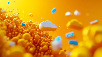 Poster - Cloud Integration and Device Ecosystem - Symbolizing network, connectivity, data flow, cloud computing, and transformation through a vibrant 3D illustration
