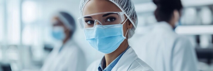 Poster - Medical professional wearing face mask and goggles in laboratory setting during work hours. Generative AI