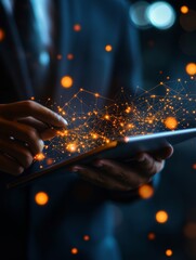 Poster - Global Network Connection - Hands using a tablet, showcasing a glowing network connection, symbolizing connectivity and global communication