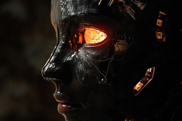Leinwandbilder - Side profile of a cybernetic head with glowing eye and intricate mechanical details in a dark, futuristic setting. Generative AI